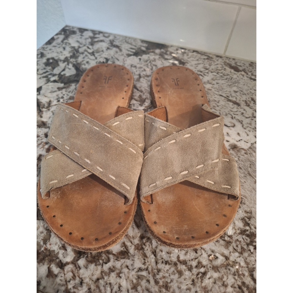Frye Avery‎ Pickstitch gray suede leather flat slide slip on sandals size 7.5 B